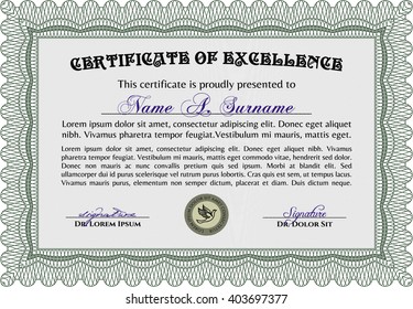 Certificate template or diploma template. Complex background. Superior design. Vector pattern that is used in currency and diplomas.Green color.