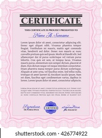 Certificate template or diploma template. Complex background. Vector pattern that is used in currency and diplomas.Superior design. Pink color.