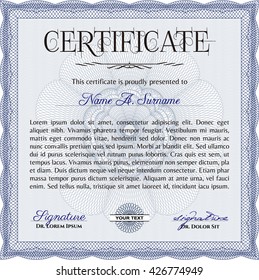 Certificate template or diploma template. Complex background. Vector pattern that is used in currency and diplomas.Superior design. Blue color.