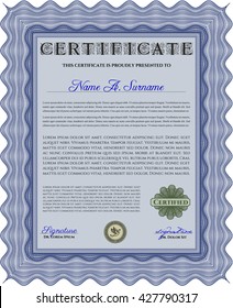 Certificate template or diploma template. Complex background. Vector pattern that is used in currency and diplomas.Superior design. Blue color.