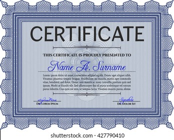Certificate template or diploma template. Complex background. Vector pattern that is used in currency and diplomas.Superior design. Blue color.