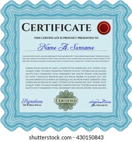 Certificate template or diploma template. Complex background. Beauty design. Vector pattern that is used in currency and diplomas.Light blue color.