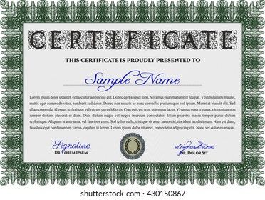 Plantilla de certificado o plantilla de diploma. Fondo complejo. Diseño de belleza. Patrón vectorial que se utiliza en moneda y diplomas.Color verde.