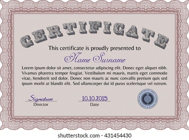 Certificate template or diploma template. Complex background. Vector pattern that is used in currency and diplomas.Superior design. Red color.