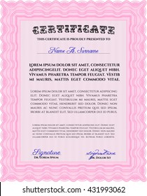 Certificate template or diploma template. Complex background. Vector pattern that is used in currency and diplomas.Beauty design. Pink color.