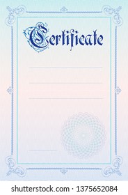 Certificate. Template diploma currency border. Award background Gift voucher. Completion, guarantee.
