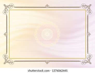 Certificate. Template diploma currency border. Award background Gift voucher. Completion, guarantee.