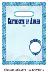  Certificate. Template diploma currency border. Award background Gift voucher. Completion, guarantee.