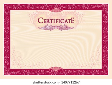 Certificate. Template diploma currency border. Award background Gift voucher. Completion, guarantee.