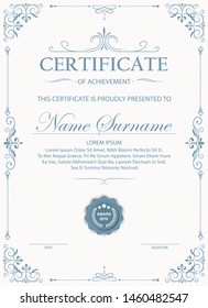 Certificate. Template diploma currency border. Award background Gift voucher.