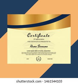Certificate. Template diploma currency border. Certificate of Appreciation golden vector design 