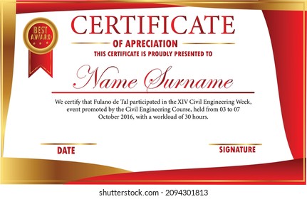 Certificate template for diploma. Elegant red and gold designn. Professional modern certificate template. Use for printing, certification, diploma, graduation and awards. EPS 10 vector illustration.