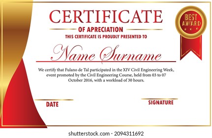 Certificate template for diploma. Elegant red and gold border. Professional modern certificate template. Use for printing, certification, diploma, graduation and awards. EPS 10 vector illustration.
