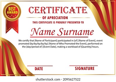 Certificate template for diploma. Golden and red luxury design. Template certificate for modern diploma. Use for printing, graduation and awards. EPS 10 Vector