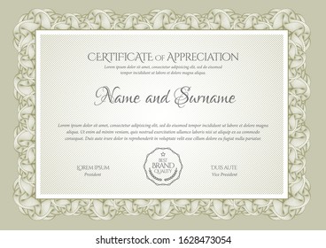 Certificate Template. Diploma of modern design or gift certificate. Frame from guilloche pattern. Elegant and expensive design. Vector illustration.