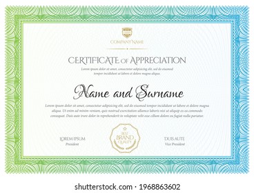 Certificate Template. Diploma of modern design or gift certificate. Frame from guilloche pattern. Elegant and expensive design. Vector illustration.