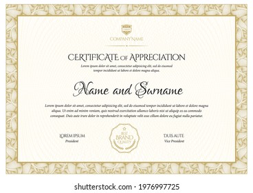 Certificate Template. Diploma of modern design or gift certificate. Frame from guilloche pattern. Elegant and expensive design. Vector illustration.