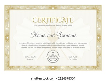 Certificate Template. Diploma of modern design or gift certificate. Frame from guilloche pattern. Elegant and expensive design. Vector illustration.