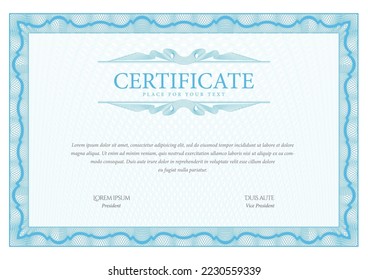 Certificate Template. Diploma of modern design or gift certificate. Frame from guilloche pattern. Elegant and expensive design. Vector illustration.