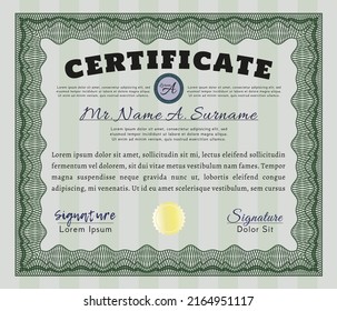 Certificate template or diploma template.  Money Pattern design.  With complex linear background.  Customizable, Easy to edit and change colors.  Green color.