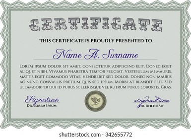 Certificate template or diploma template. Money style.Retro design. With complex background. 