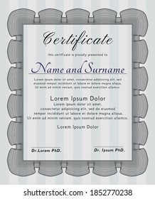 Certificate template or diploma template.  Perfect design.  With guilloche pattern and background.  Detailed.  Grey color.