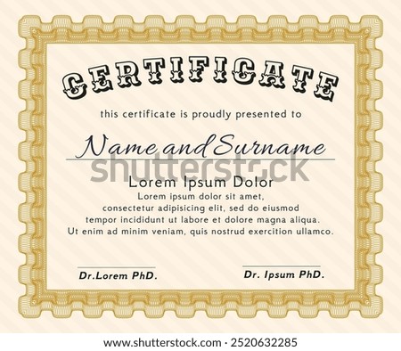 Certificate template or diploma template.  Perfect design.  With guilloche pattern.  Vector illustration.  Orange color.