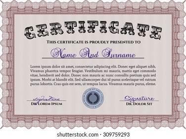 Certificate template or diploma template. Printer friendly. Sophisticated design. Border, frame.