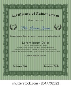 Certificate template or diploma template.  Superior design.  Printer friendly.  Vector illustration.  Green color.