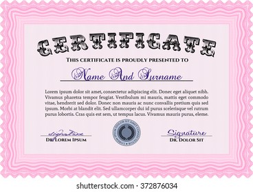 Certificate template or diploma template. Superior design. Complex background. Vector pattern that is used in currency and diplomas.Pink color.