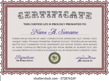Certificate template or diploma template. Superior design. Complex background. Vector pattern that is used in currency and diplomas.Red color.