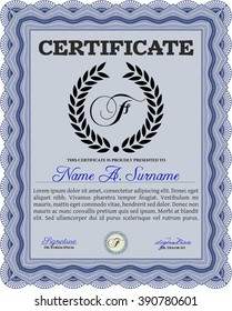 Certificate template or diploma template. Superior design. Complex background. Vector pattern that is used in currency and diplomas.Blue color.