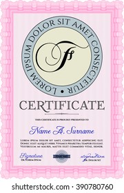 Certificate template or diploma template. Superior design. Complex background. Vector pattern that is used in currency and diplomas.Pink color.