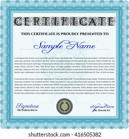 Certificate template or diploma template. Superior design. Complex background. Vector pattern that is used in currency and diplomas.Light blue color.