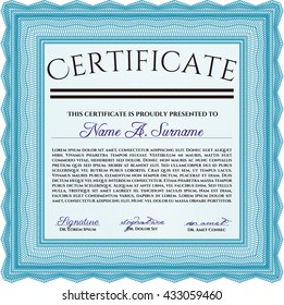 Certificate template or diploma template. Superior design. Complex background. Vector pattern that is used in currency and diplomas.Light blue color.