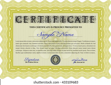 Certificate template or diploma template. Superior design. Vector pattern that is used in currency and diplomas.Complex background. Yellow color.