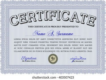 Certificate template or diploma template. Vector pattern that is used in currency and diplomas.Complex background. Superior design. Blue color.