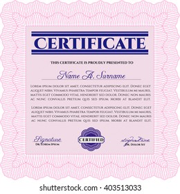 Certificate template or diploma template. Vector pattern that is used in currency and diplomas.Complex background. Beauty design. Pink color.