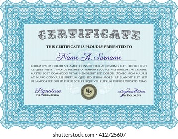 Certificate template or diploma template. Vector pattern that is used in currency and diplomas.Complex background. Beauty design. Light blue color.