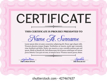 Certificate template or diploma template. Vector pattern that is used in currency and diplomas.Complex background. Beauty design. Pink color.