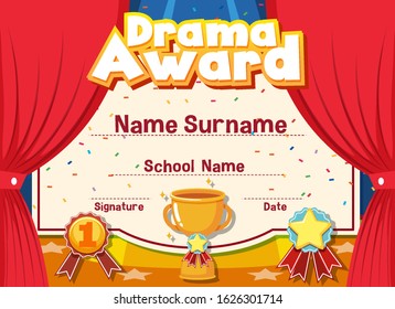 Certificate template for drama award with stage in background illustration
