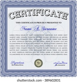 Certificate template. Easy to print. Cordial design. Customizable, Easy to edit and change colors. Blue color.