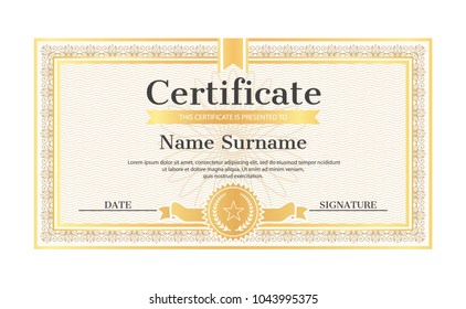 Certificate template editable name and surname, date and signature, realistic certificate sample in golden frame, water marks and seal with star vector