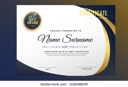 Certificate template in elegant black and blue colors with golden medal. Certificate of appreciation, award diploma design template. Vector