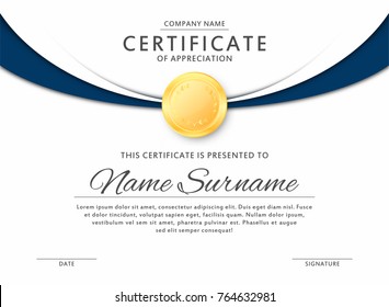 Certificate template in elegant black and blue colors with golden medal. Certificate of appreciation, award diploma design template. Vector