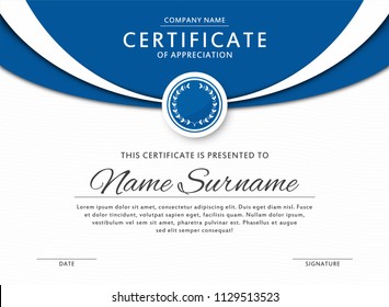 Certificate template in elegant blue color with medal and abstract borders, frames. Certificate of appreciation, award diploma design template. Vector