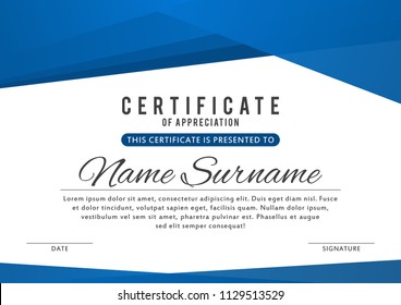 Certificate template in elegant blue color with abstract borders, frames. Certificate of appreciation, award diploma design template. Vector