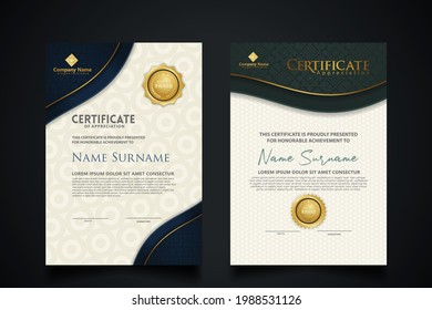 plantilla de certificado con marco de esquina elegante y diseño de textura realista de lujo, diploma y distintivos premium. Ilustración del vector