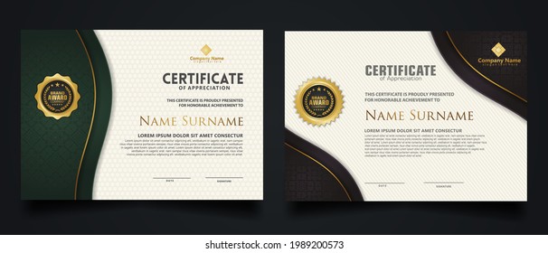 plantilla de certificado con marco de esquina elegante y diseño de textura realista de lujo, diploma y distintivos premium. Ilustración del vector
