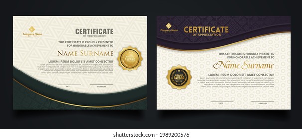 Zertifikatsvorlage mit elegantem Eckrahmen und luxuriösem realistischem Texturmuster, Diplomdesign und Premium-Badges. Vektorgrafik